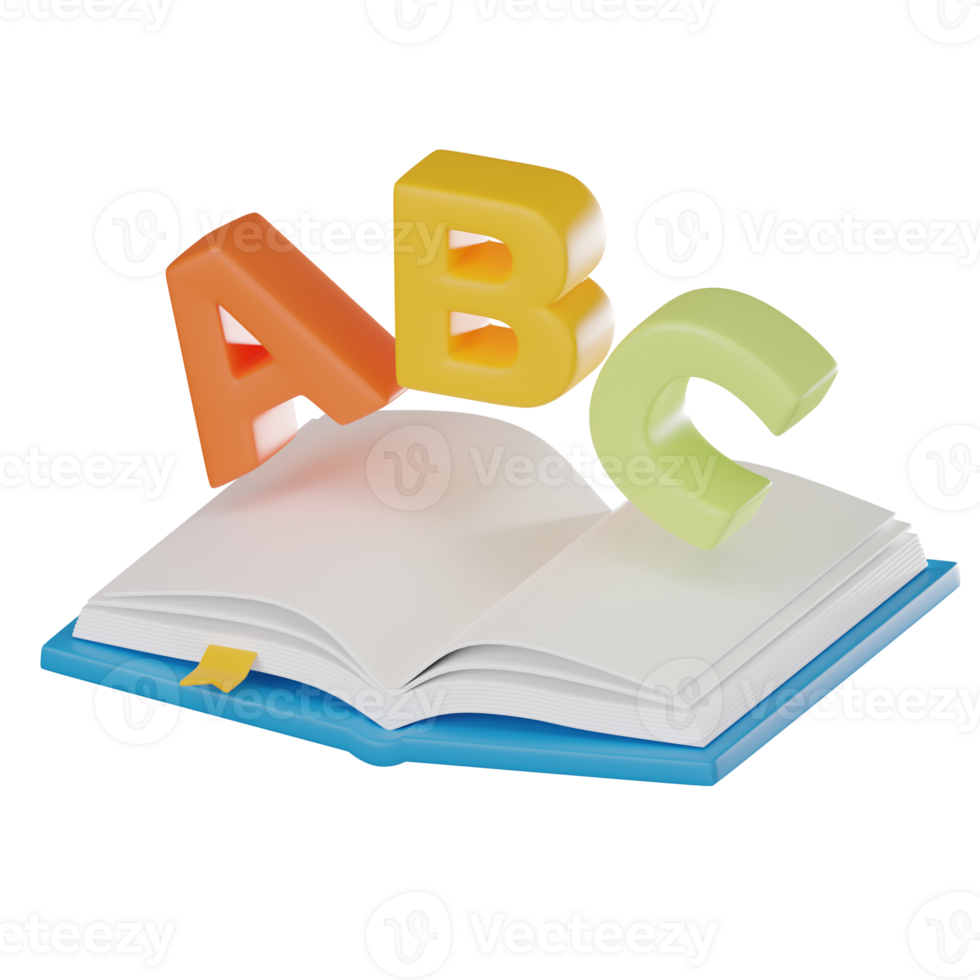 ABC on Open Book 3D Icon of  for Education and Learning. 3D render png