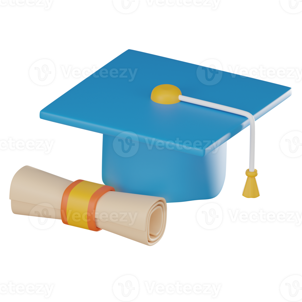 virtual graduación éxito, graduación gorra y diploma icono. 3d hacer png