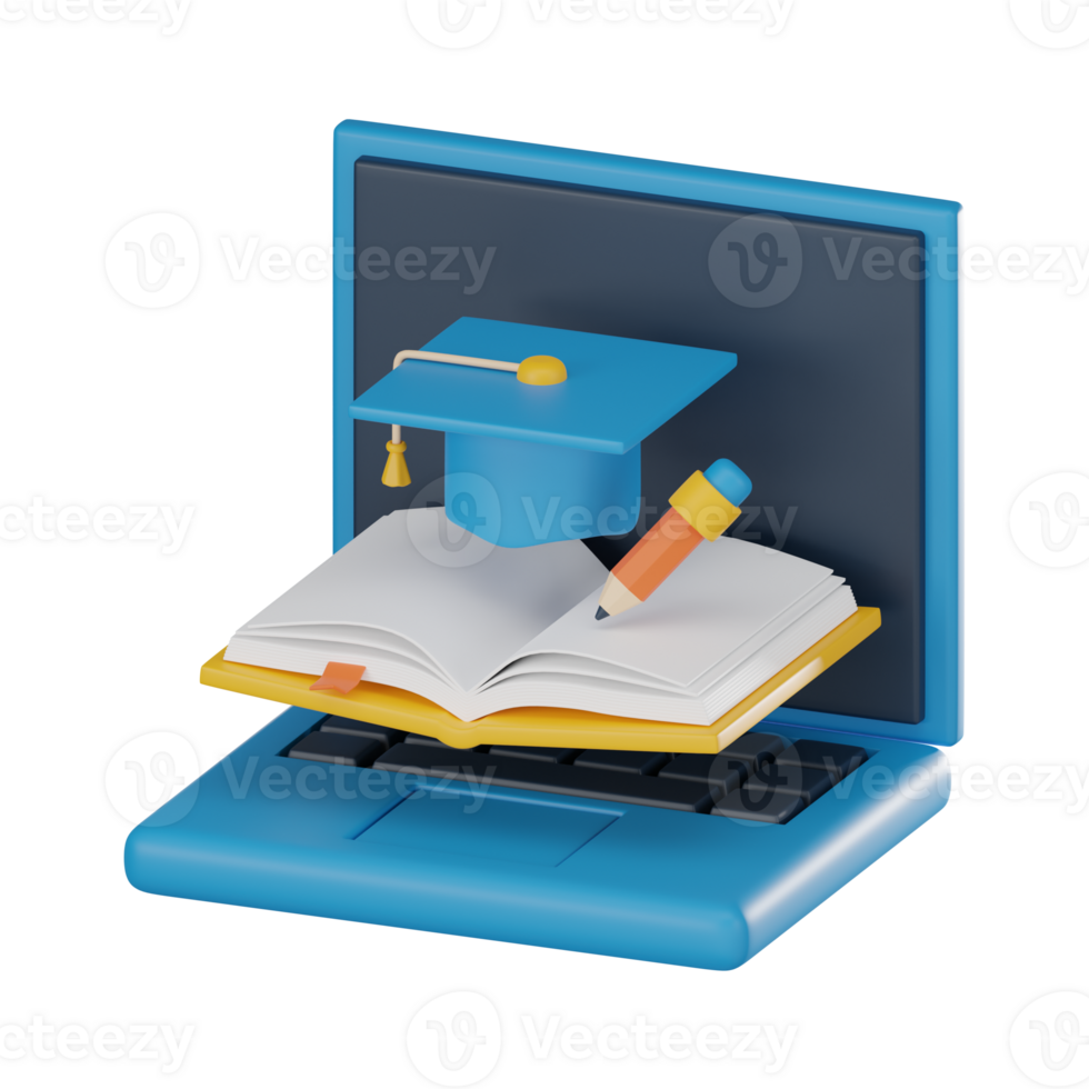 Digital Learning Hub, Online Education with Graduation Hat on Laptop. 3D render Illustration. png