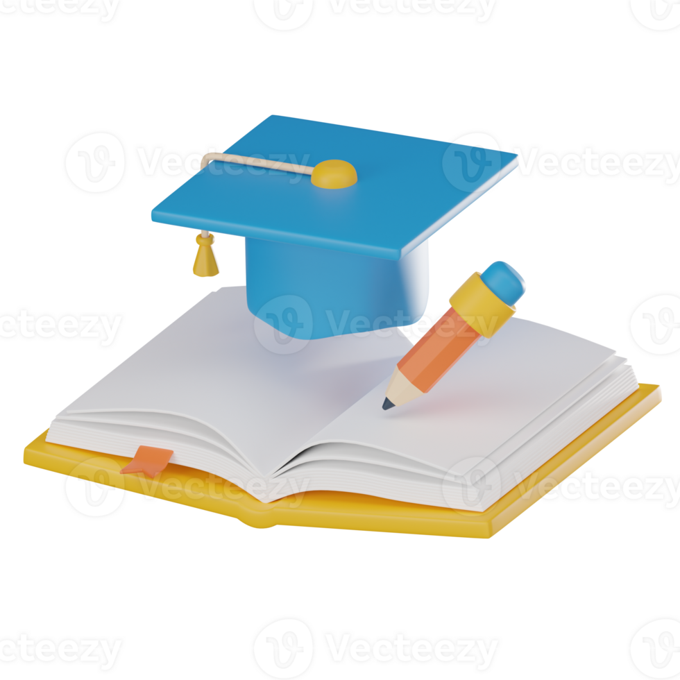 Graduation Success Book with Cap, Academic Achievement. 3D render png