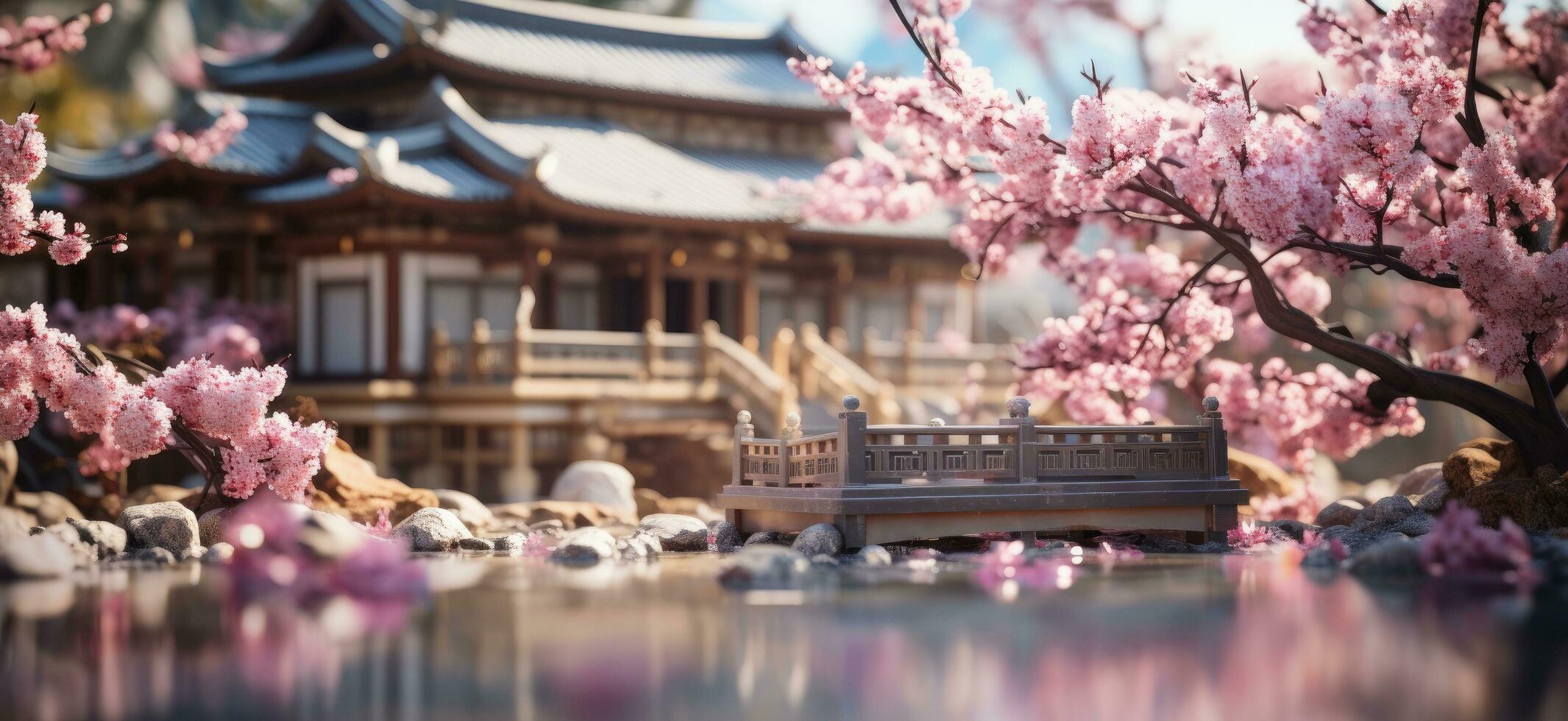 ai generado un bonito casa con algunos Cereza flores foto