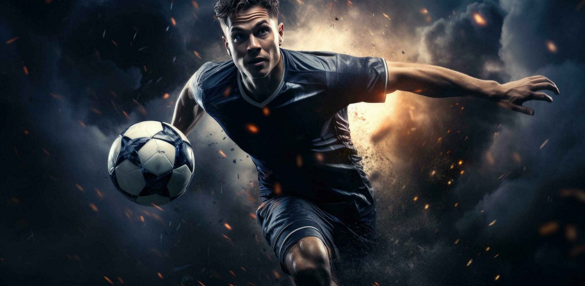 AI generated a soccer football player flying through the air with the ball photo