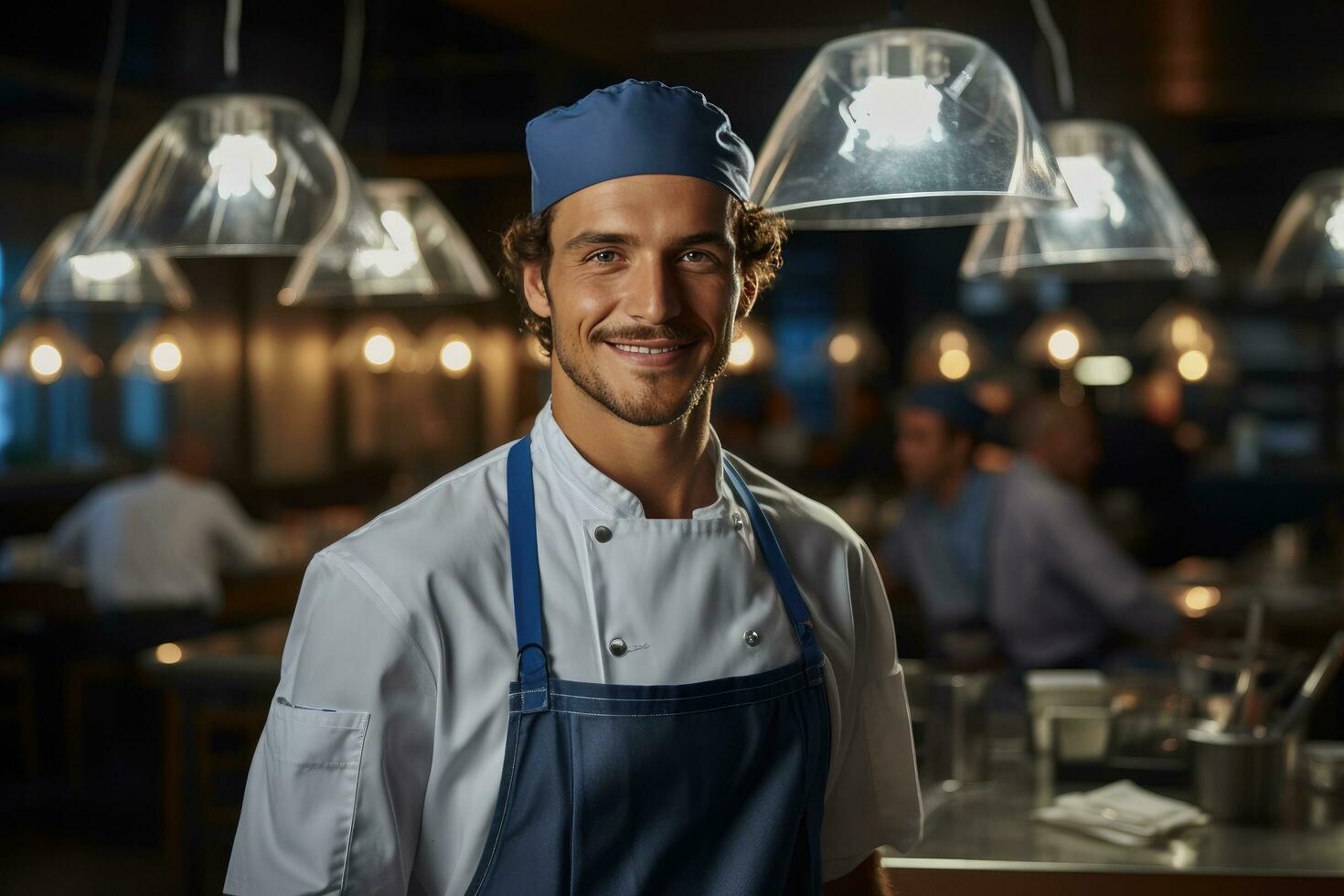 AI generated a smiling chef posing in a restaurant kitchen photo