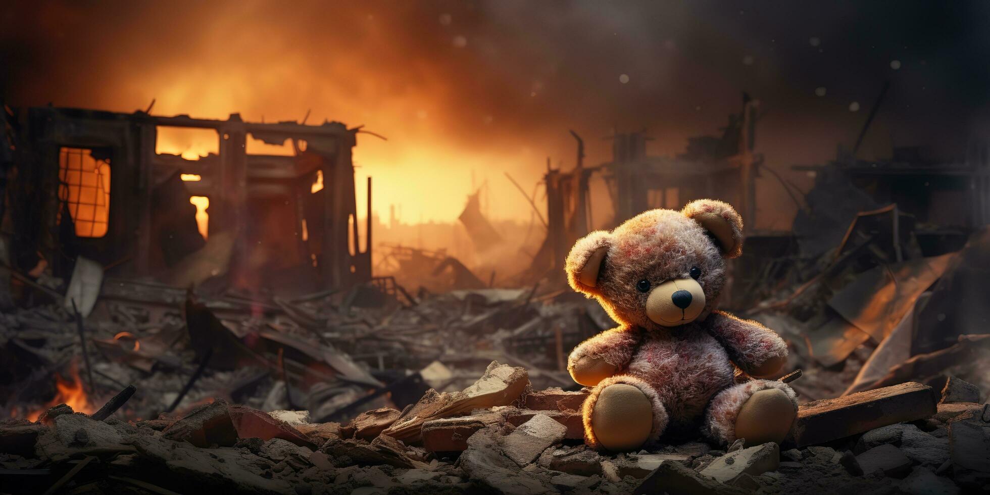 AI generated kids teddy bear toy over city burned destruction of an aftermath war conflict photo