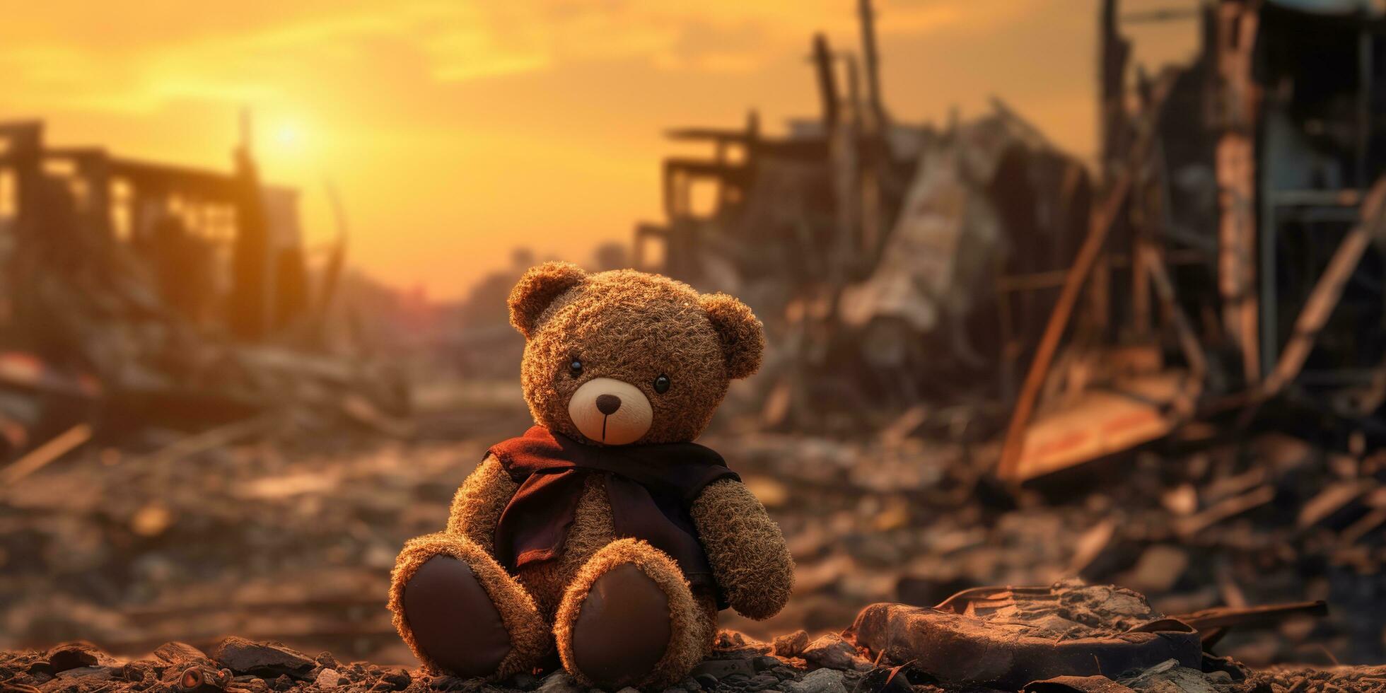 AI generated kids teddy bear toy over city burned destruction of an aftermath war conflict photo