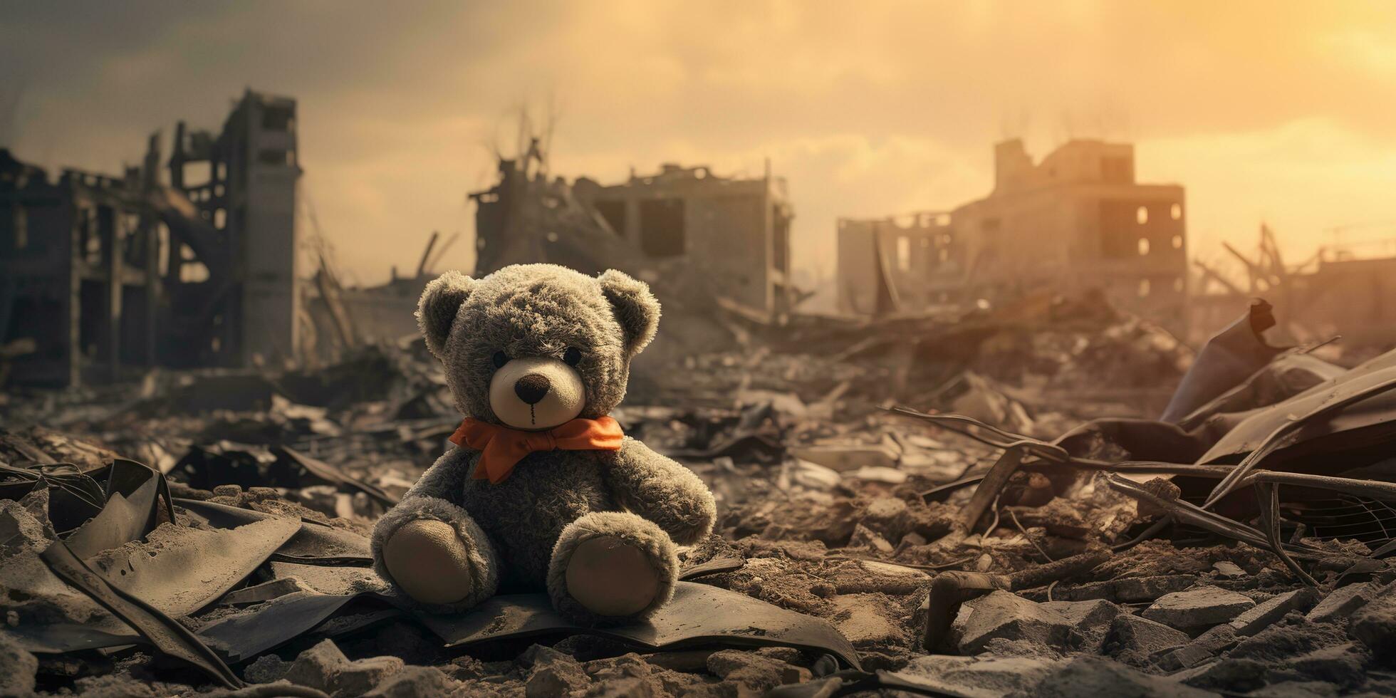 AI generated kids teddy bear toy over city burned destruction of an aftermath war conflict photo