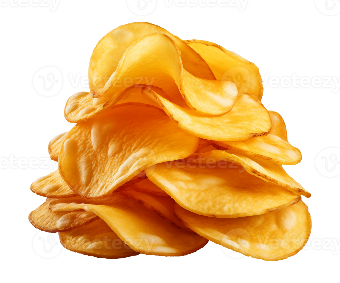 AI generated crispy potato chips isolated on a transparent background, cut out, PNG