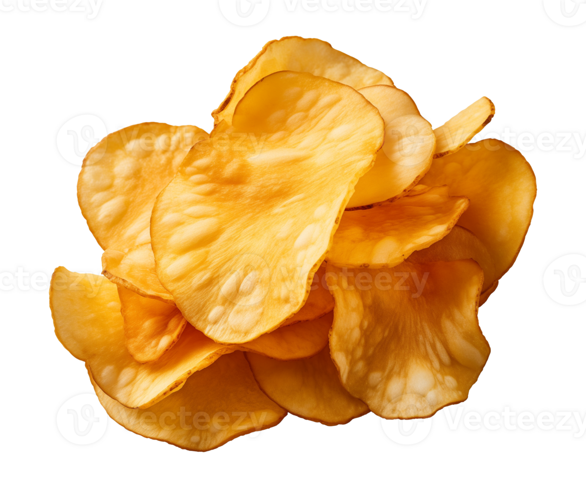 AI generated crispy potato chips isolated on a transparent background, cut out, PNG