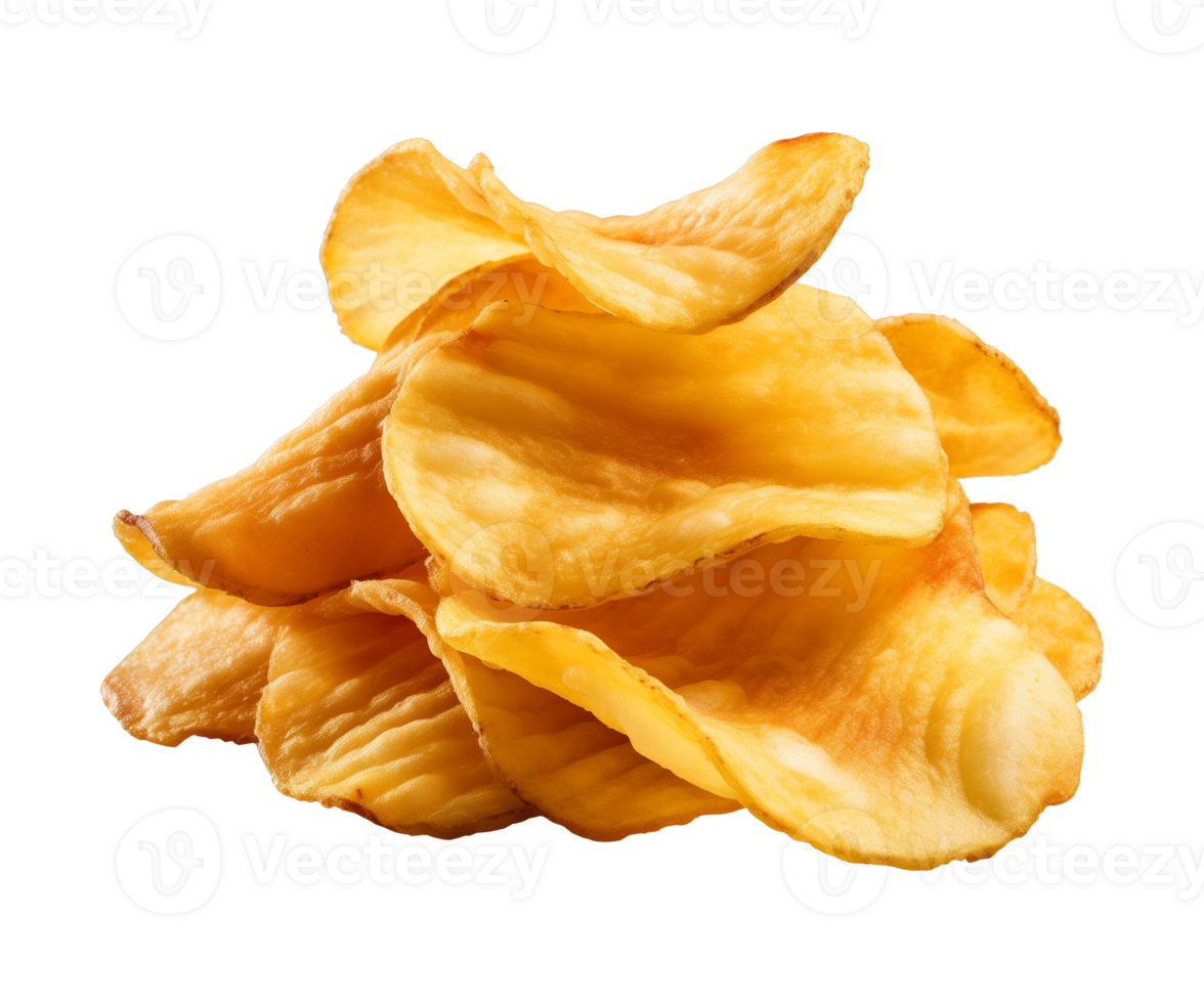 AI generated crispy potato chips isolated on a transparent background, cut out, PNG