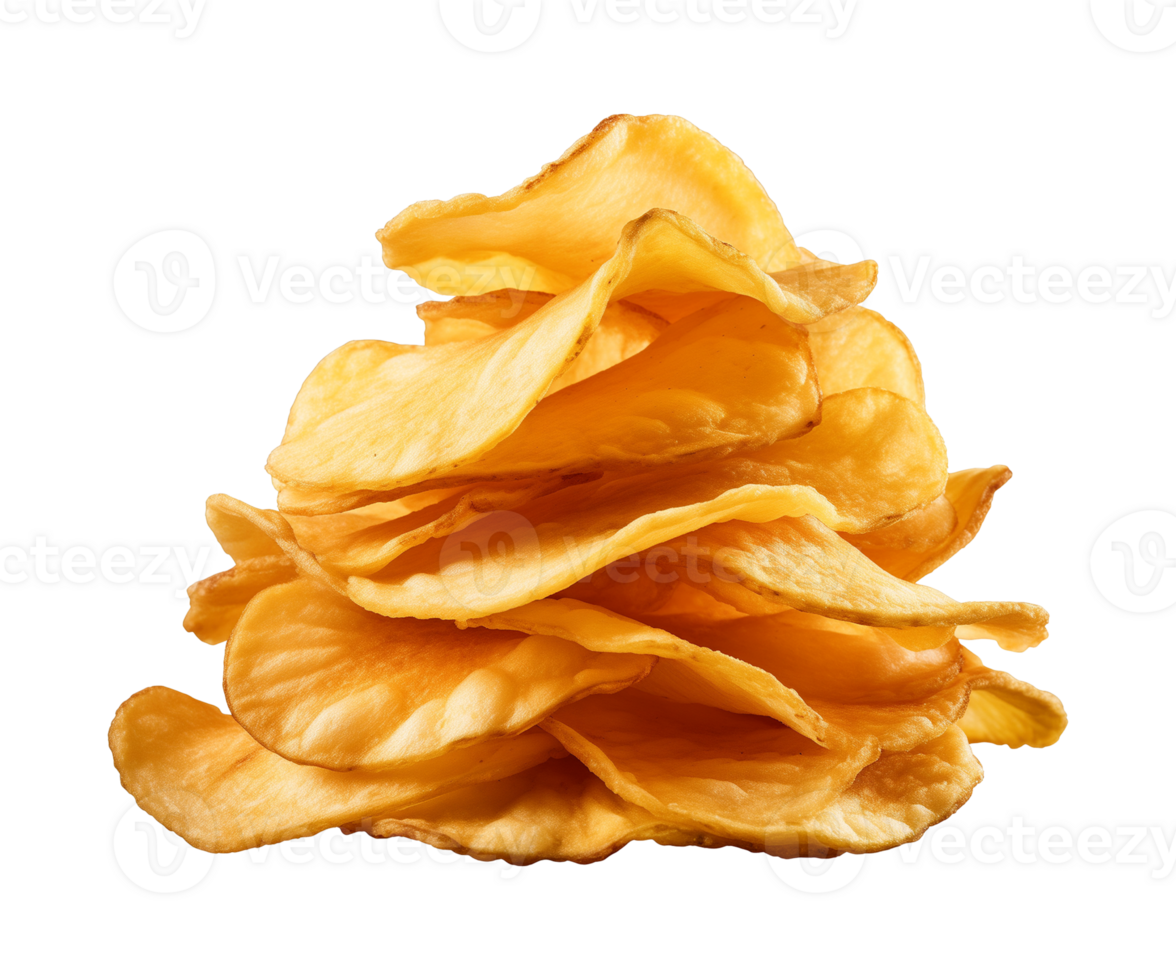 AI generated crispy potato chips isolated on a transparent background, cut out, PNG