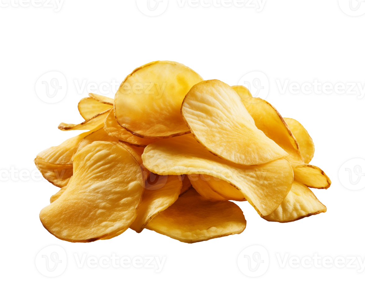 AI generated crispy potato chips isolated on a transparent background, cut out, PNG