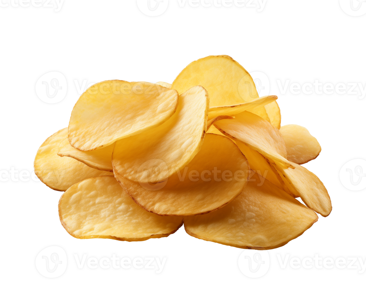 AI generated crispy potato chips isolated on a transparent background, cut out, PNG