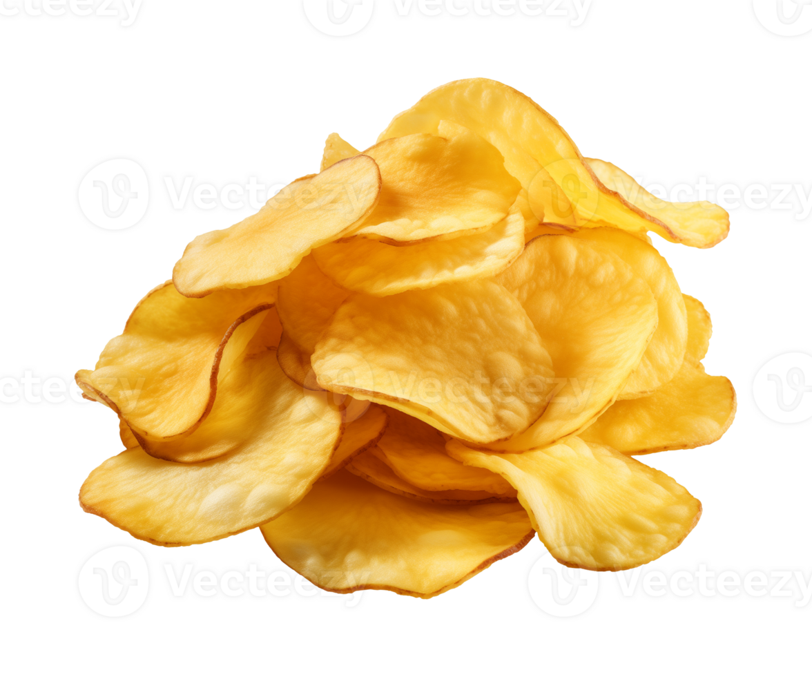 AI generated crispy potato chips isolated on a transparent background, cut out, PNG
