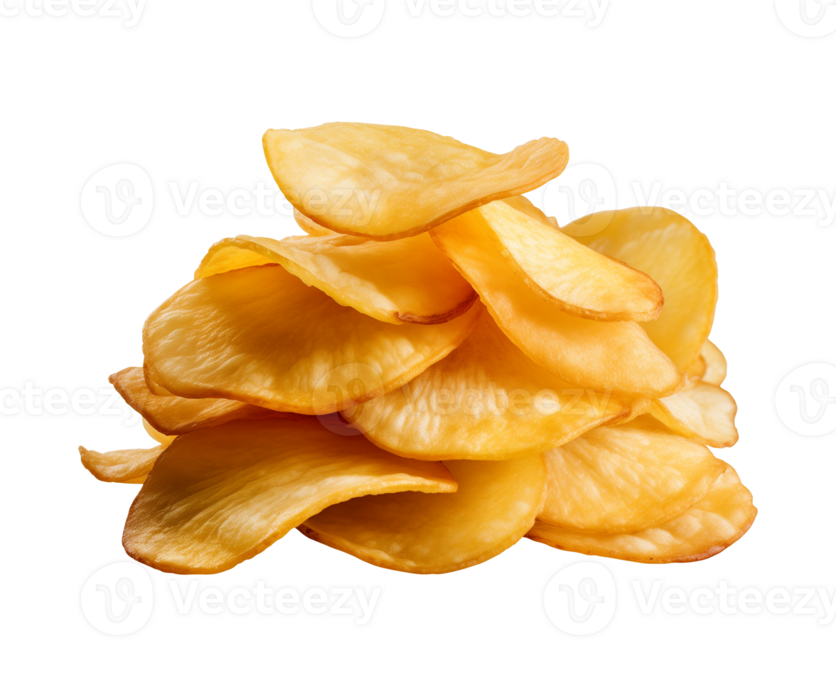 AI generated crispy potato chips isolated on a transparent background, cut out, PNG