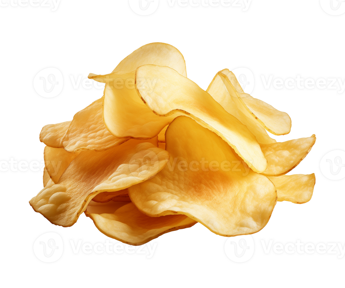 AI generated crispy potato chips isolated on a transparent background, cut out, PNG