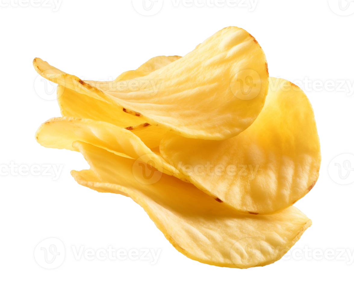 AI generated crispy potato chips isolated on a transparent background, cut out, PNG