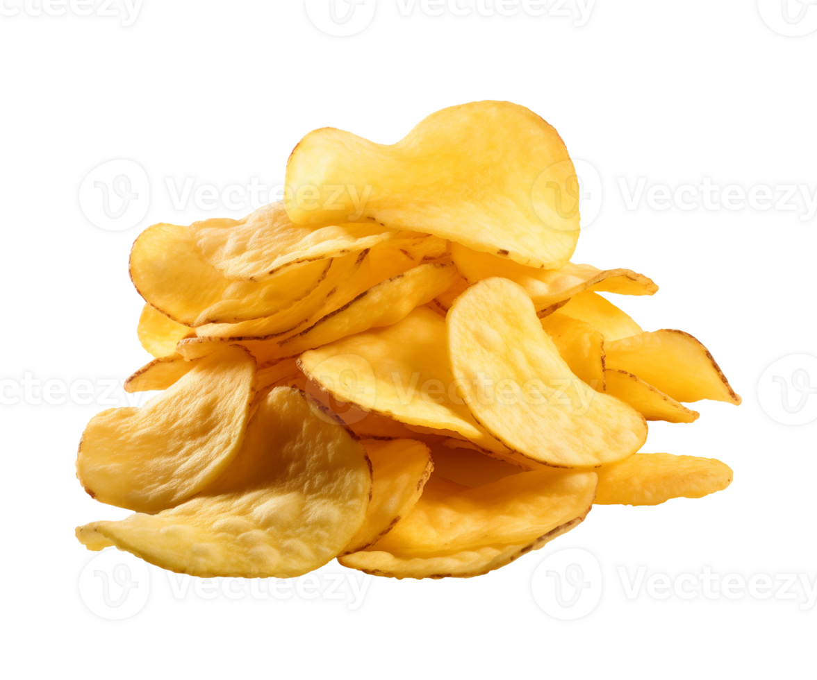 AI generated crispy potato chips isolated on a transparent background, cut out, PNG