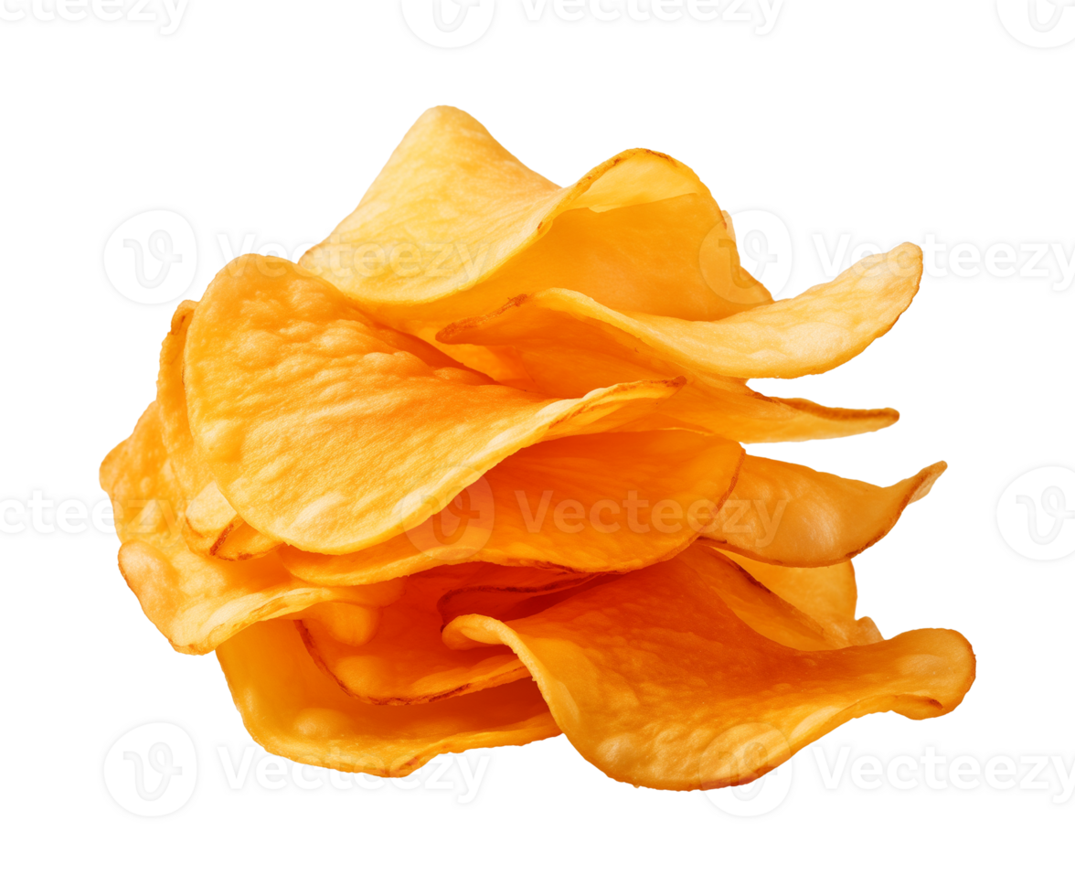 AI generated crispy potato chips isolated on a transparent background, cut out, PNG