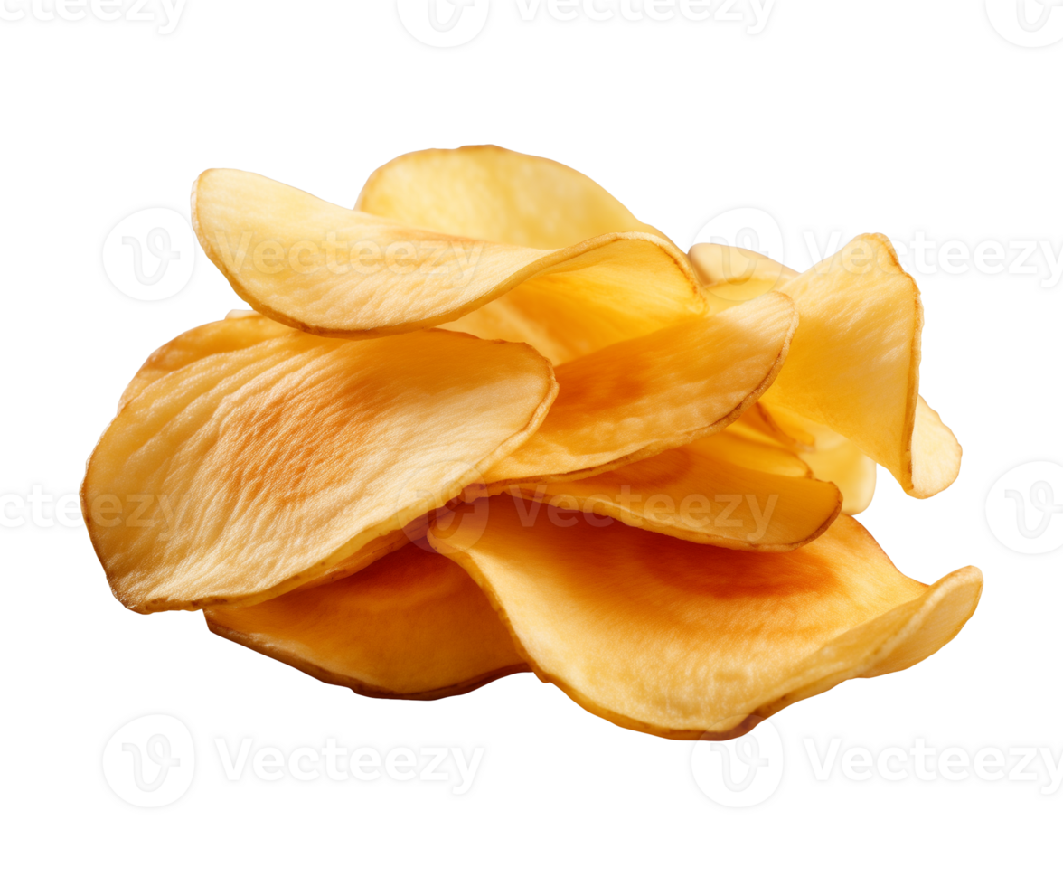 AI generated crispy potato chips isolated on a transparent background, cut out, PNG
