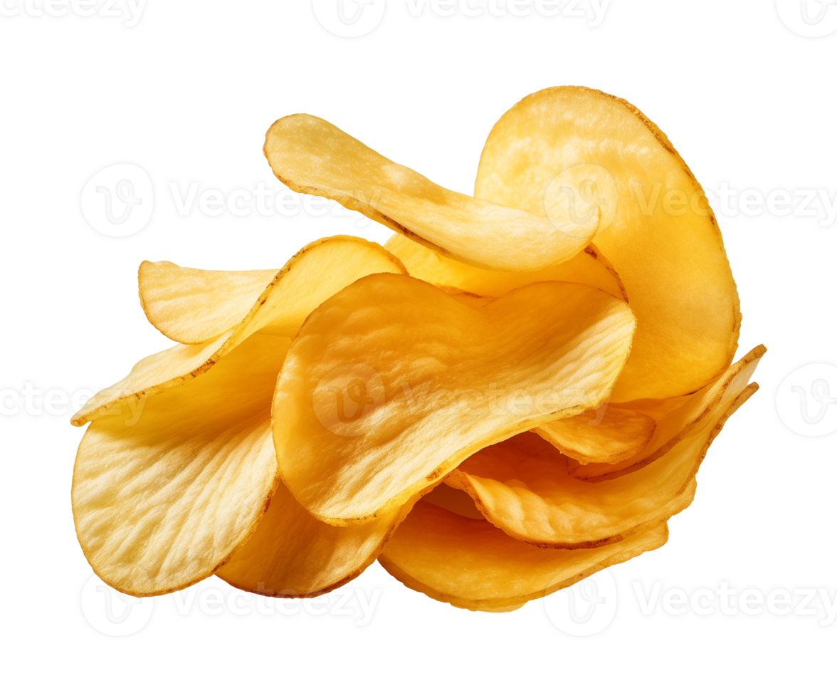 AI generated crispy potato chips isolated on a transparent background, cut out, PNG