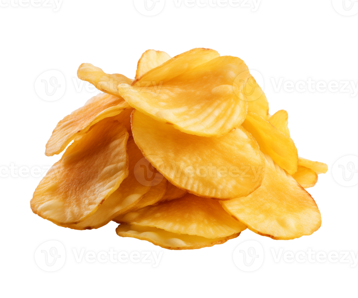 AI generated crispy potato chips isolated on a transparent background, cut out, PNG