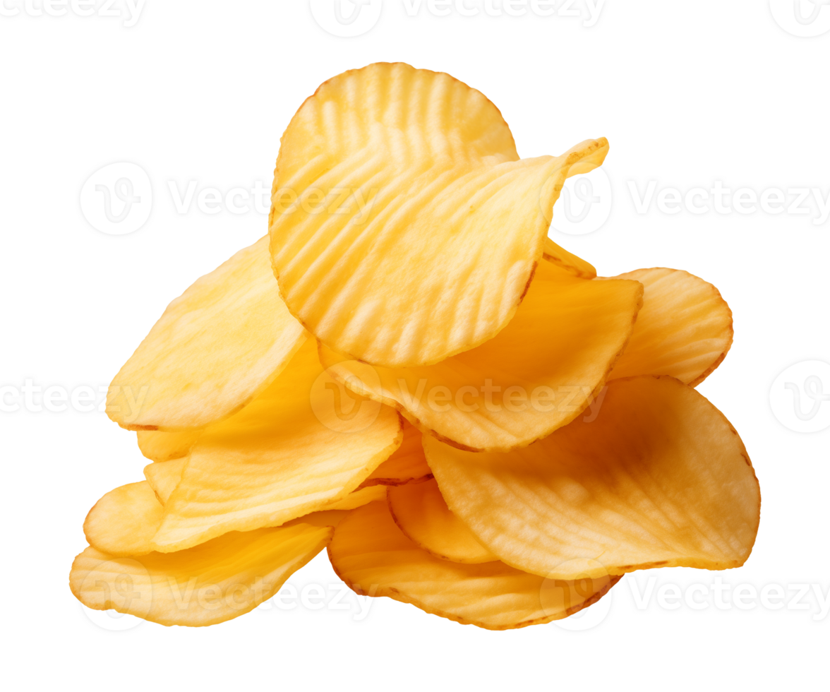 AI generated crispy potato chips isolated on a transparent background, cut out, PNG
