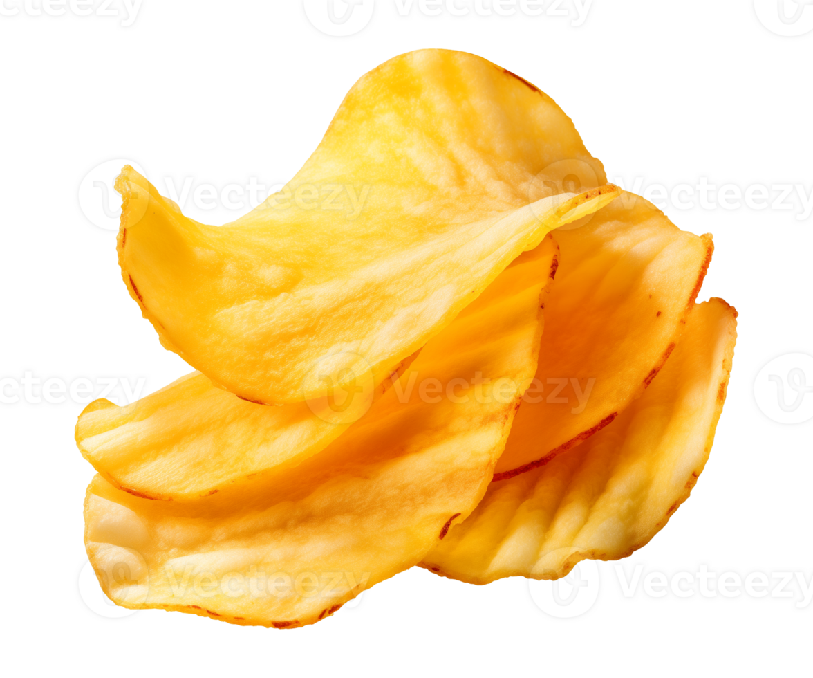 AI generated crispy potato chips isolated on a transparent background, cut out, PNG