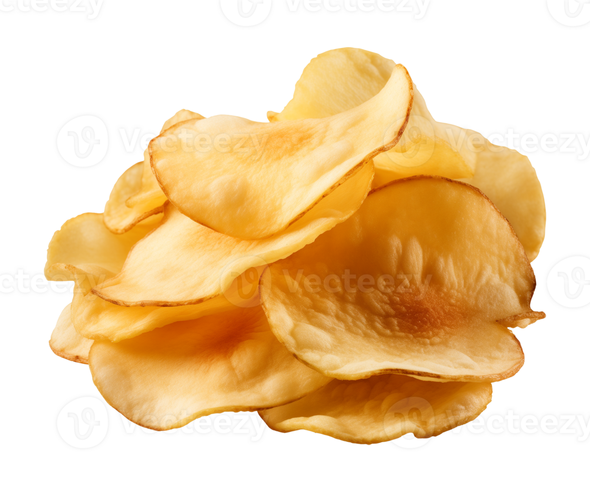 AI generated crispy potato chips isolated on a transparent background, cut out, PNG