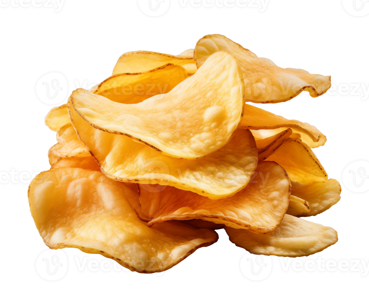 AI generated crispy potato chips isolated on a transparent background, cut out, PNG