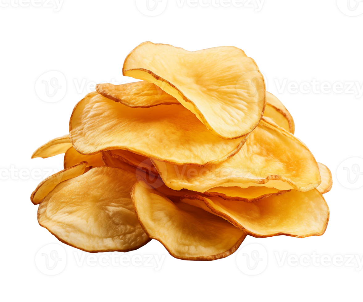 AI generated crispy potato chips isolated on a transparent background, cut out, PNG