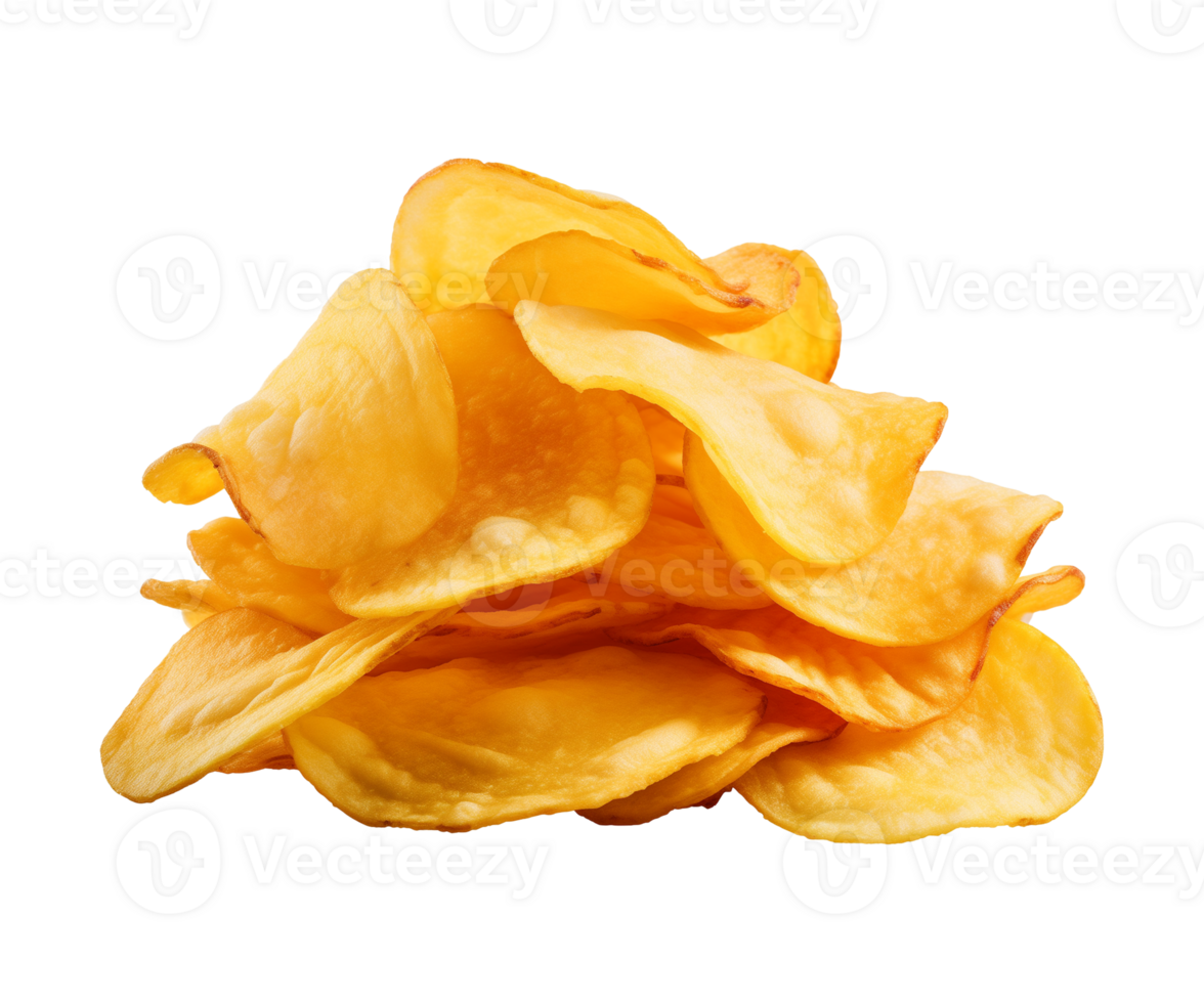 AI generated crispy potato chips isolated on a transparent background, cut out, PNG