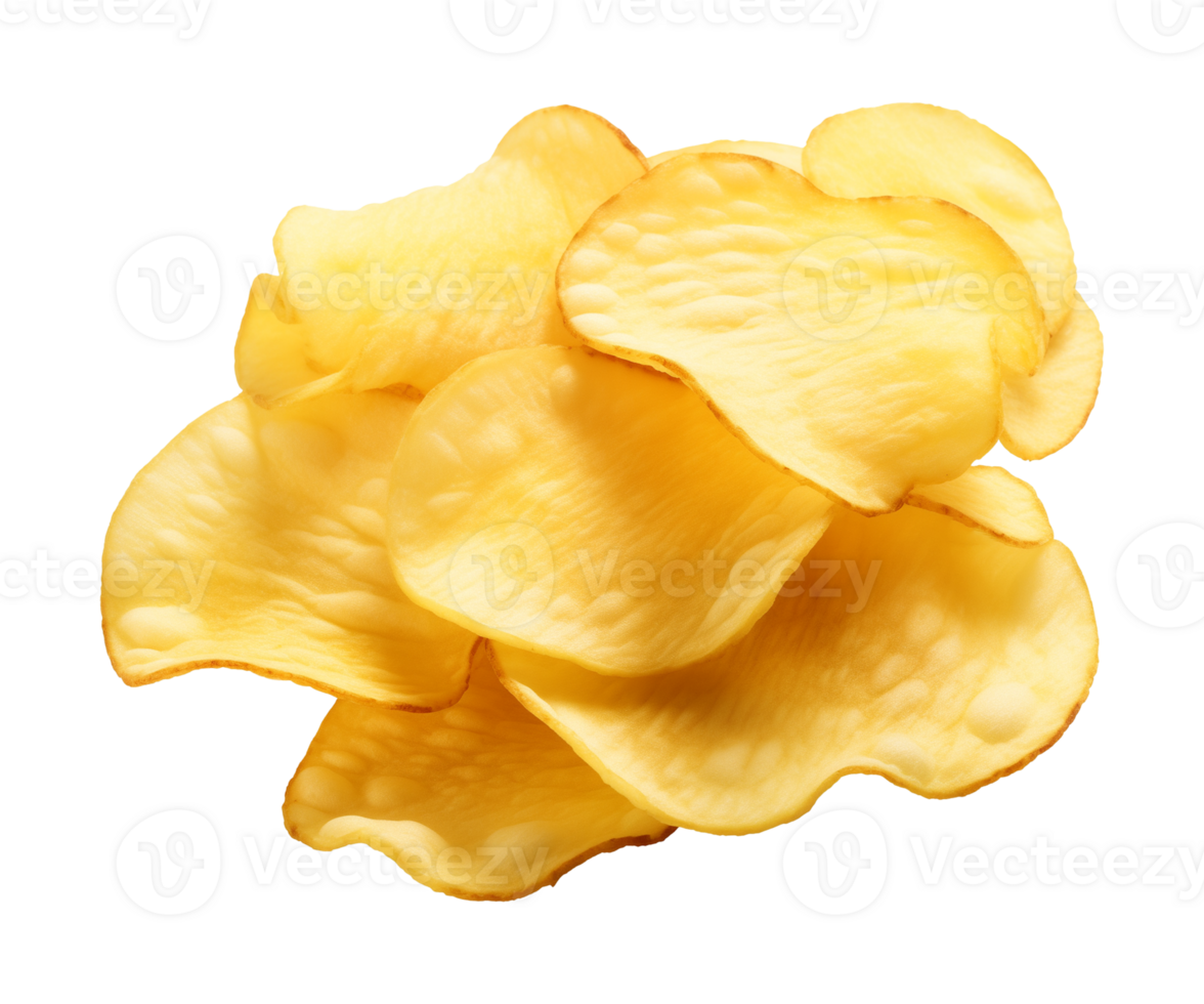 AI generated crispy potato chips isolated on a transparent background, cut out, PNG
