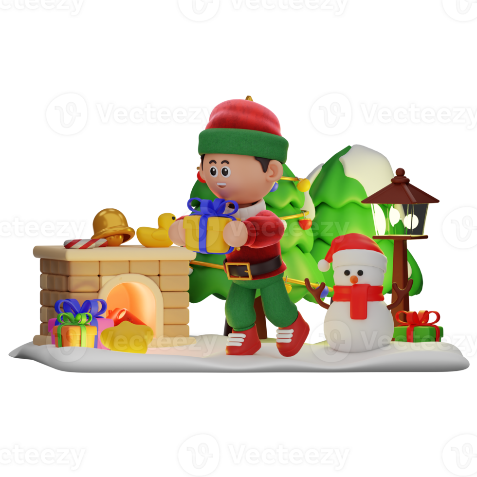3d boy character christmas Running With Gift pose png