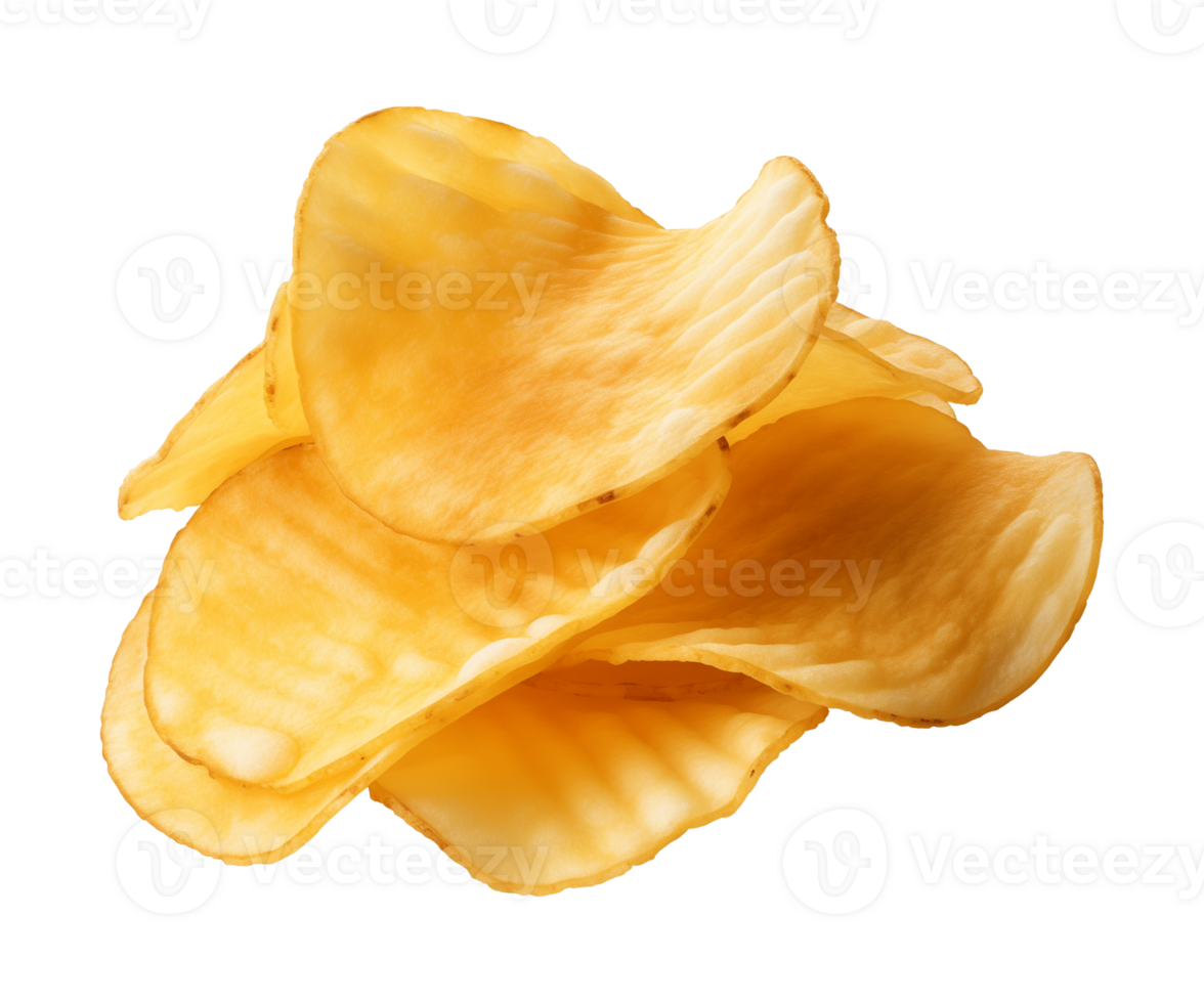 AI generated crispy potato chips isolated on a transparent background, cut out, PNG