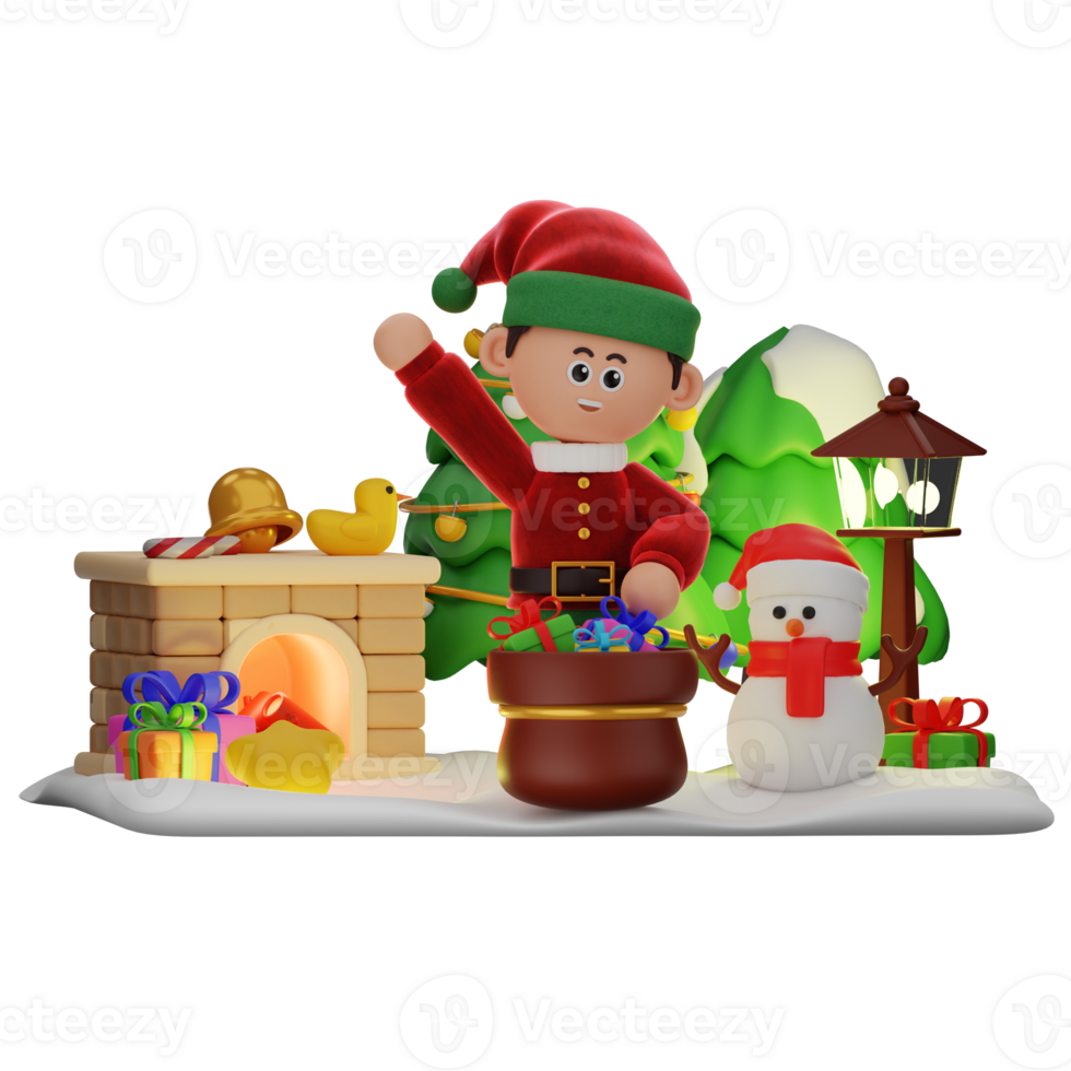 3d boy character christmas Having Bag of Gifts pose png