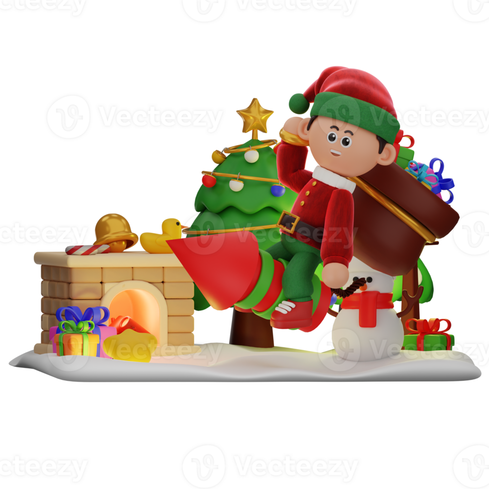 3d boy character christmas Ride Firecracker While Bring Sack Of Gifts pose png