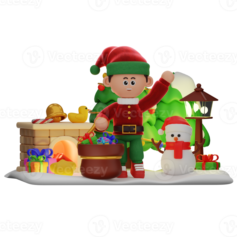 3d boy character christmas Say Hi with Sack of Gifts pose png