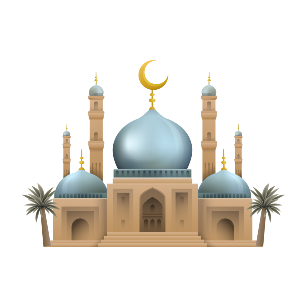 mosque with blue dome and golden crescent moon png