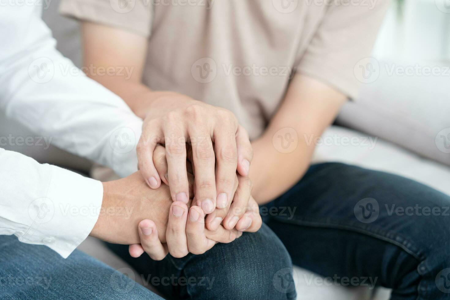 hold hand support each while discussing family issues. doctor encourages and empathy woman suffers depression. psychological, save divorce, Hand in hand together, trust, care photo
