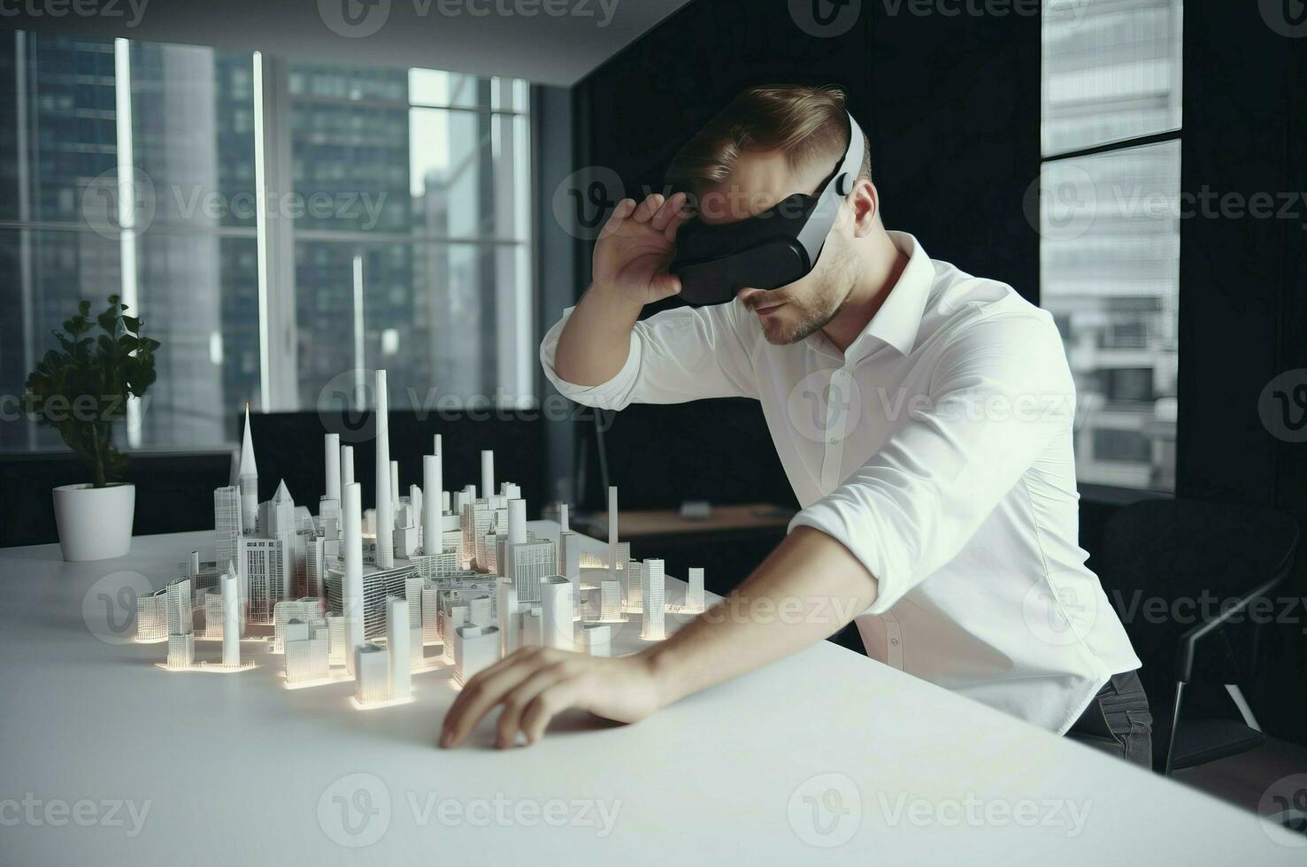 AI generated Male architect engineer in VR goggles. Generate ai photo