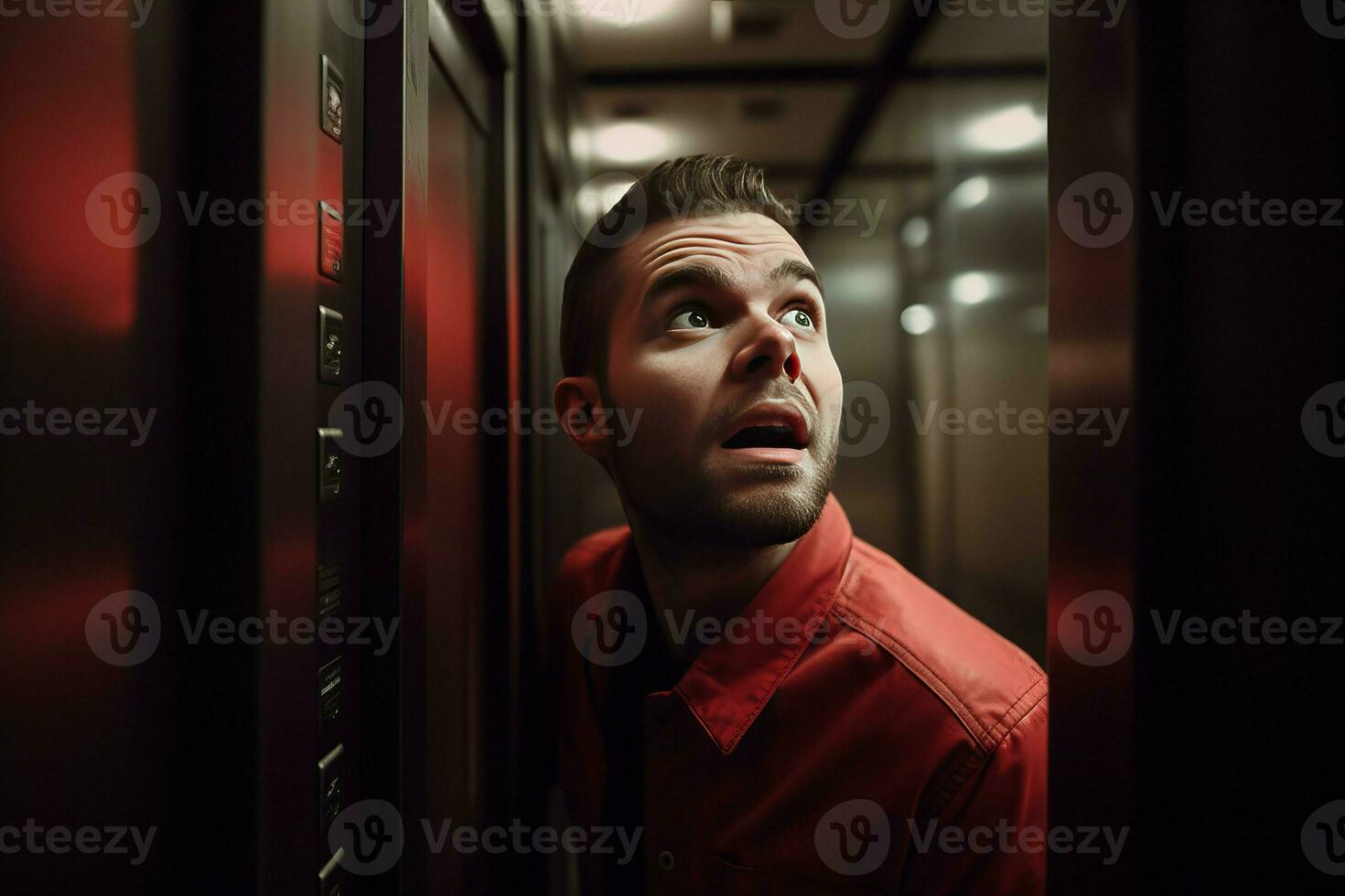 AI generated Worried scared man 30 years old looking outside of elevator doors. Generate ai photo