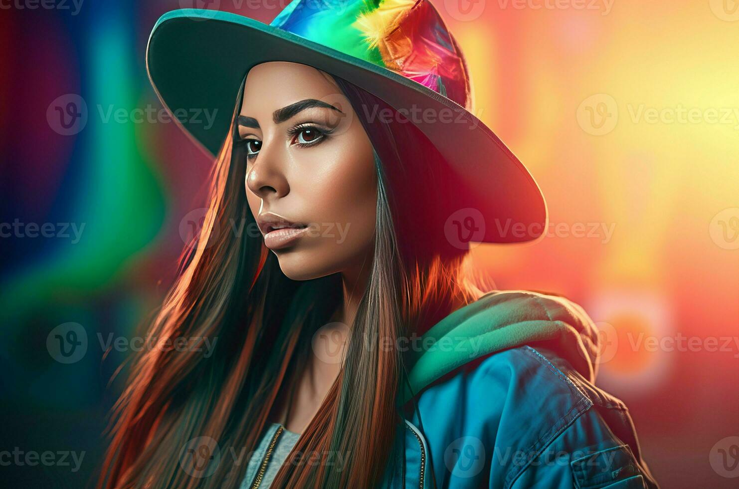 AI generated Mexican woman with long hair and colorful hat. Generate ai photo