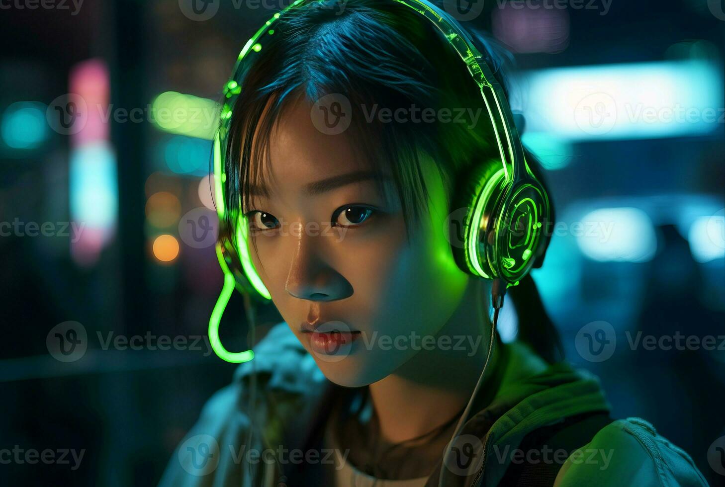 AI generated Korean girl with futuristic neon glowing headphones. Generate ai photo