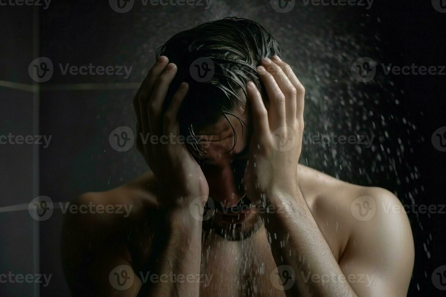 AI generated Bathroom shot muscular guy taking shower. Generate ai photo