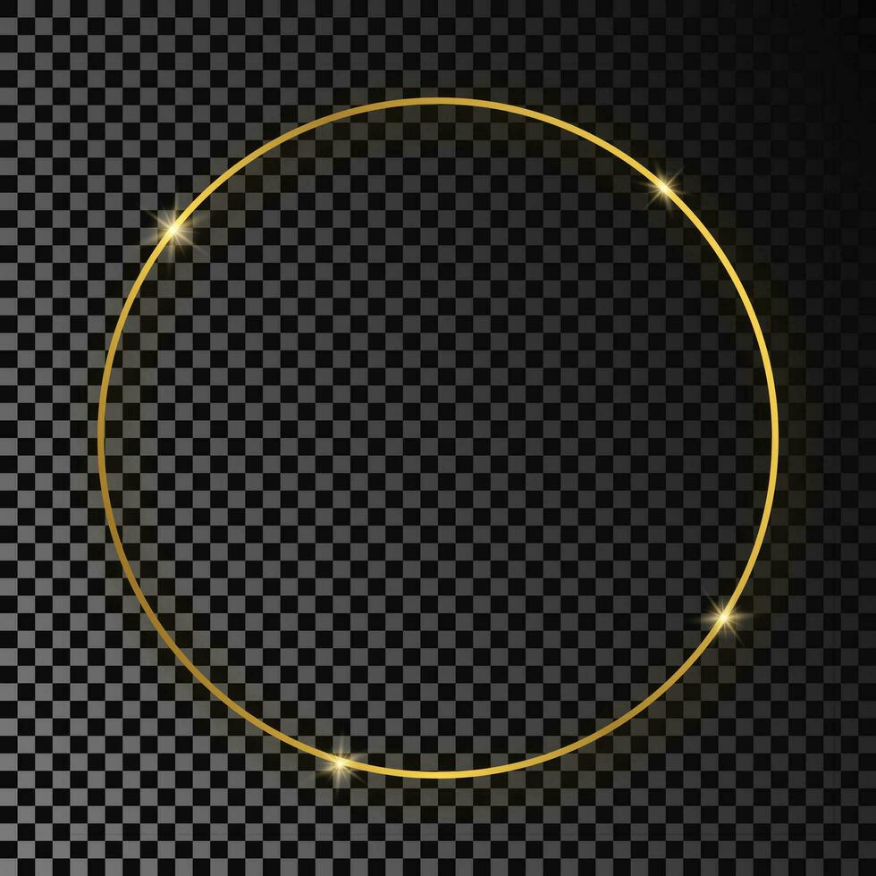 Gold glowing circle frame with shadow isolated on dark background. Shiny frame with glowing effects. Vector illustration.