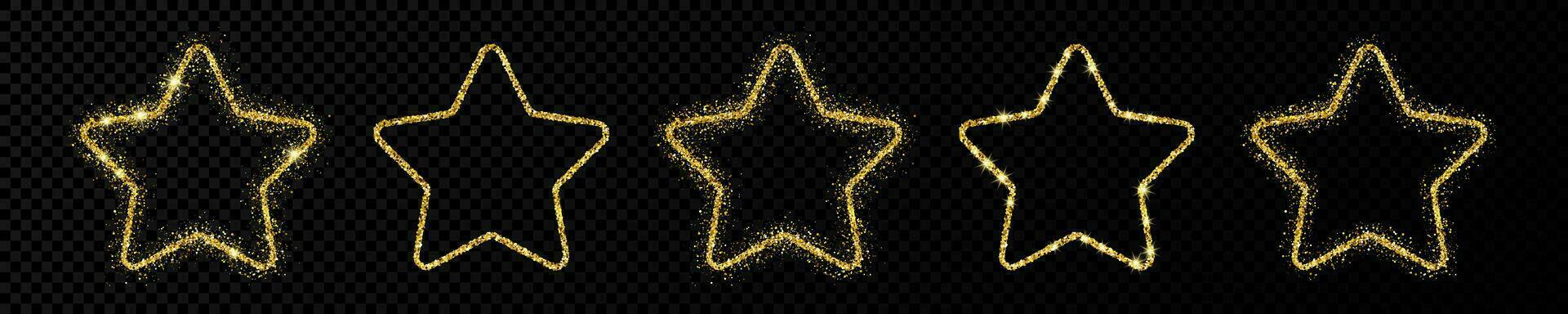 Set of five gold glitter stars with shiny sparkles on dark background. Vector illustration
