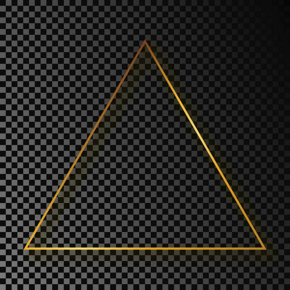 Gold glowing triangle frame with shadow isolated on dark background. Shiny frame with glowing effects. Vector illustration.