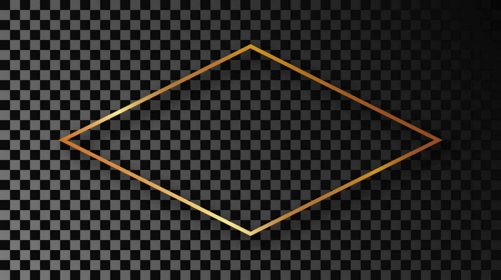 Gold glowing rhombus shape frame with shadow isolated on dark background. Shiny frame with glowing effects. Vector illustration.