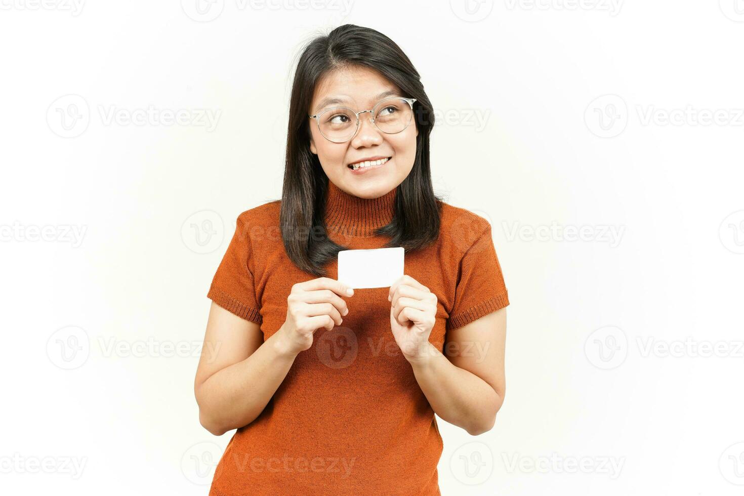 Holding Blank Bank Card Or Credit Card Of Beautiful Asian Woman Isolated On White Background photo