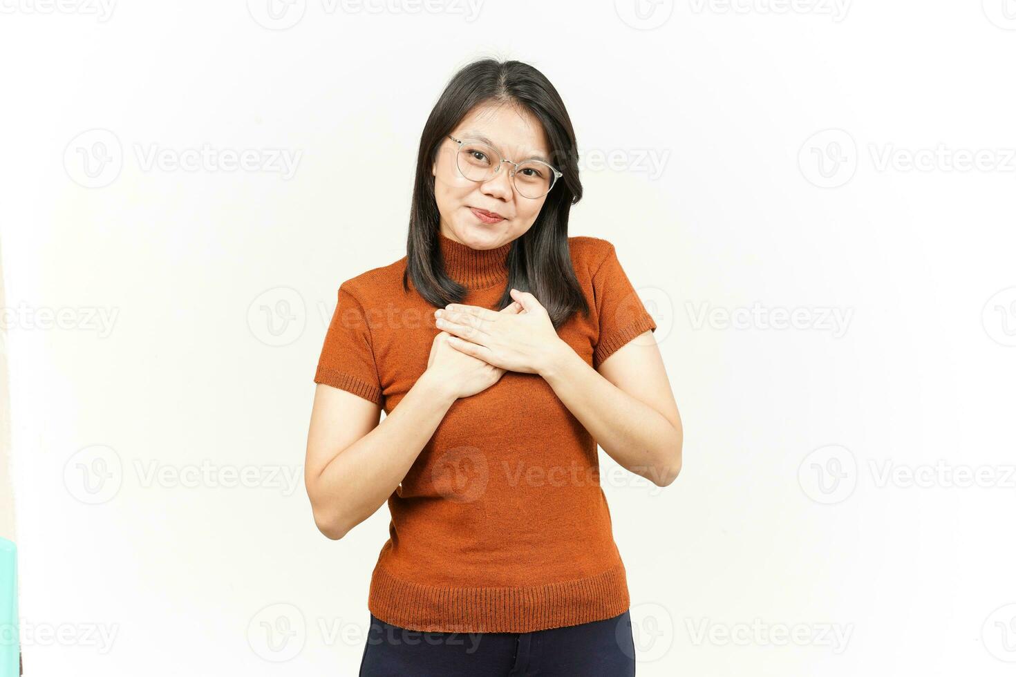 Self Love and Grateful Gesture Of Beautiful Asian Woman Isolated On White Background photo